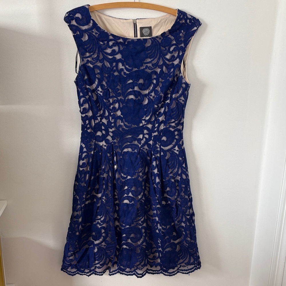 Vince Camuto Royal Blue Floral Lace Fit-and-Flare Mini Dress
